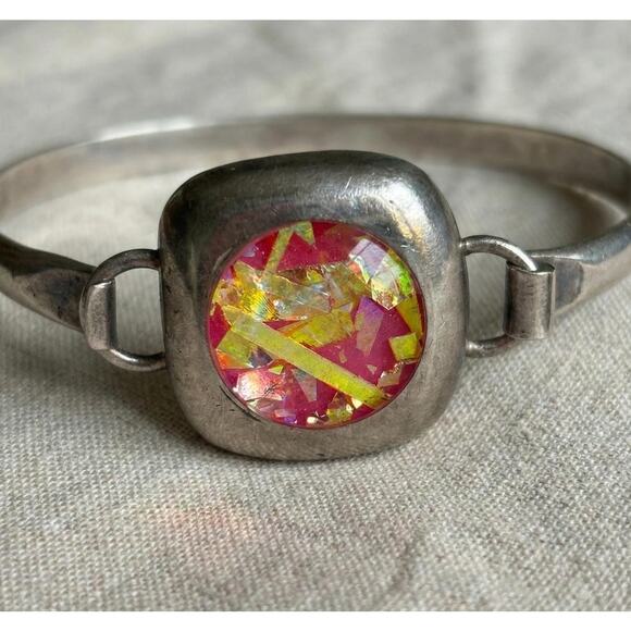 MFY 925 Sterling Silver Pink Confetti Art Glass Hinged Bangle Bracelet - Picture 1 of 5